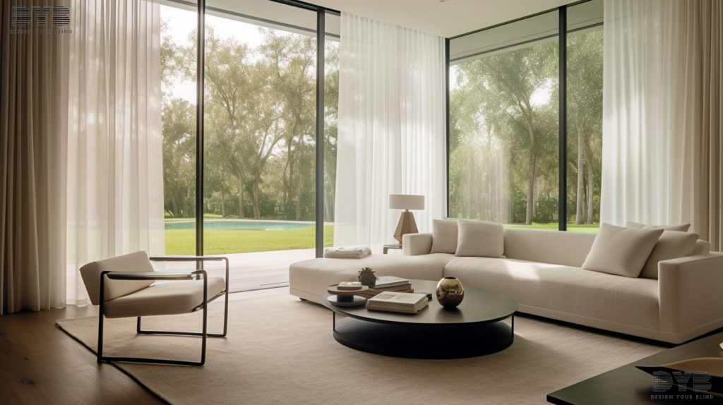 A minimalist living room with Sheer Curtains in Parkland, FL, featuring a garden view.