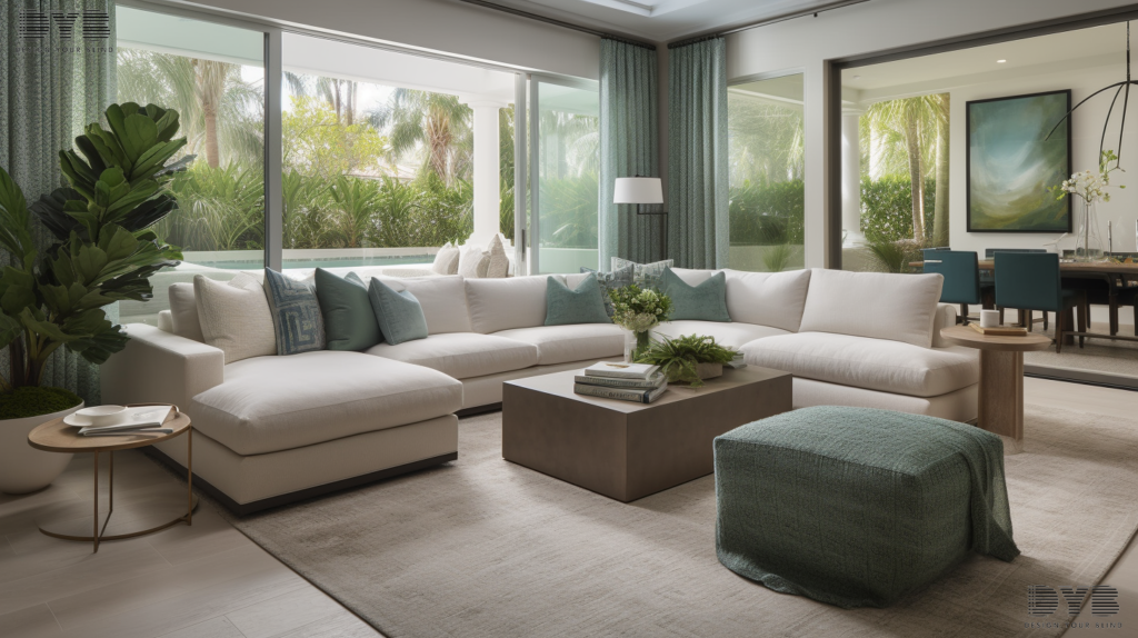 A living room in Parkland, FL, featuring Sheer Curtains, a plush sectional sofa, and a backyard with a swimming pool.