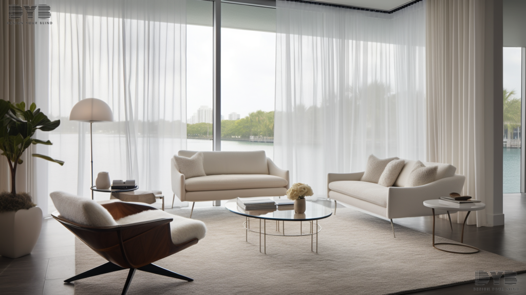 A minimalist living room with Sheer Curtains in Parkland, FL, showcasing views of the Intercoastal Waterway.