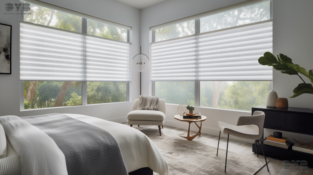 A guest bedroom in Lighthouse Point, FL, featuring Solar Shades for a peaceful and serene atmosphere