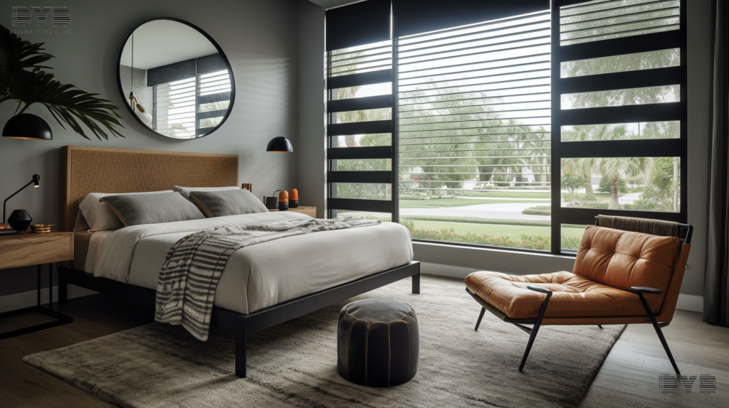 A guest bedroom in Lighthouse Point, FL, featuring Solar Shades for a dark and cozy ambiance