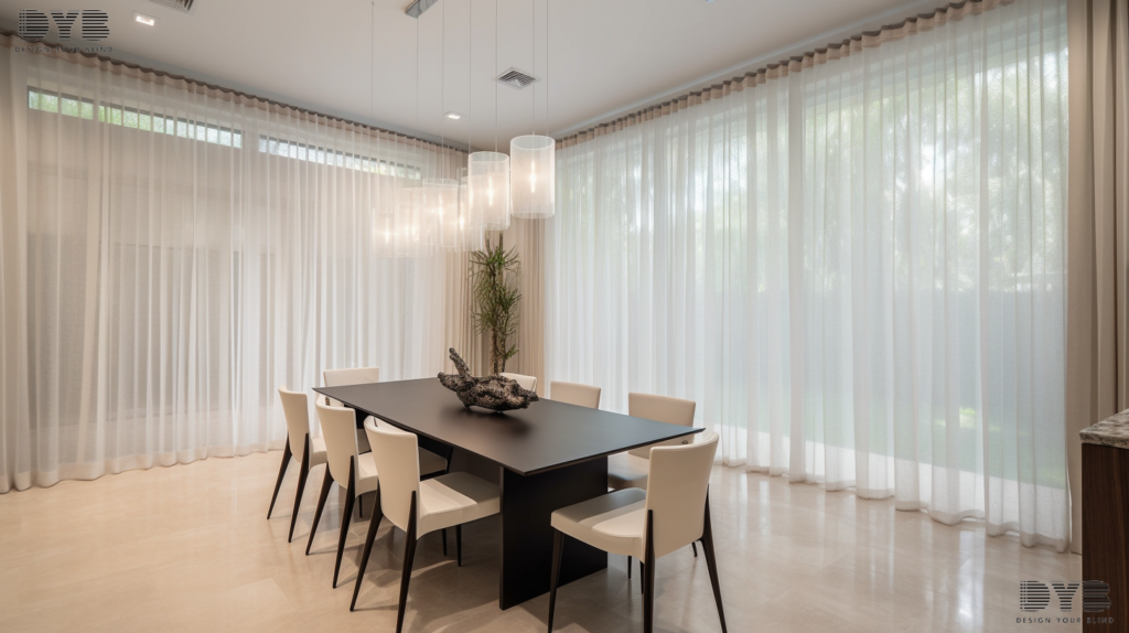 A wide-angle shot of a dining room in Boca Raton, FL, featuring large windows with sheer curtains and a view of a golf course