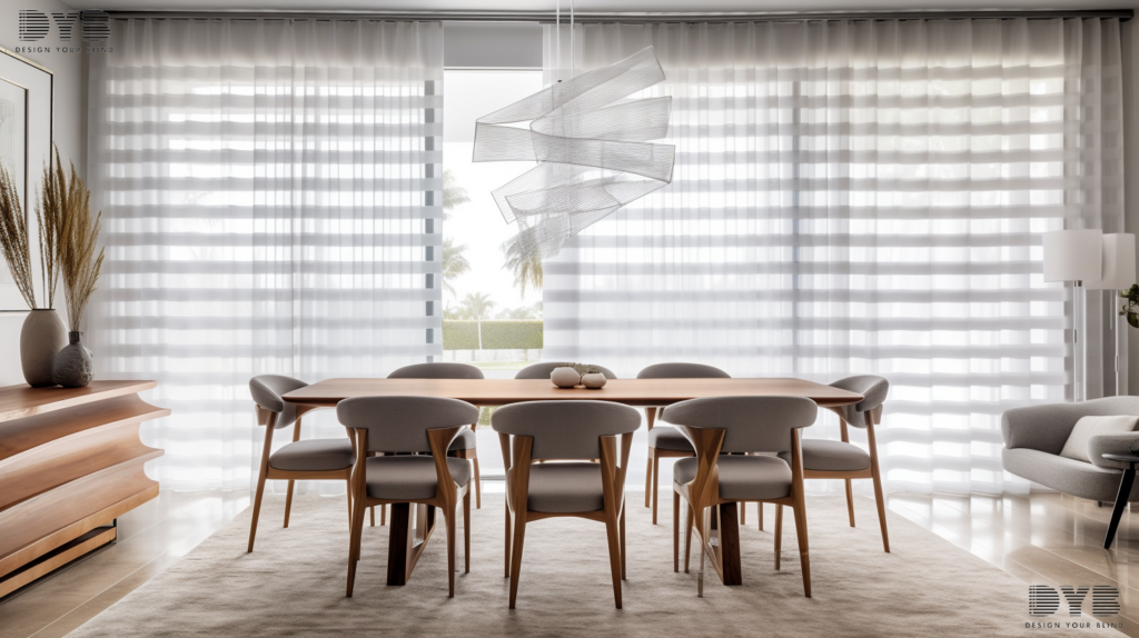 A symmetrical shot of a dining room in Boca Raton, FL, featuring large windows with sheer curtains and a view of a golf course