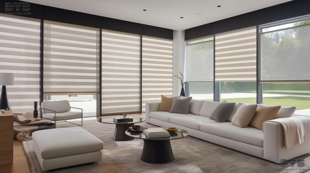 A long-range shot of a Family Room in Boca Raton, FL, with Roller Shades overlooking the Intercoastal Waterway.