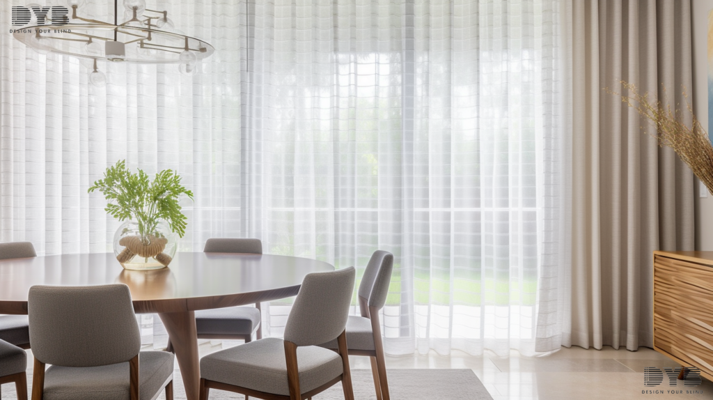 A close-up shot of a window with sheer curtains, showcasing a casual dining room in Boca Raton with a view of a golf course