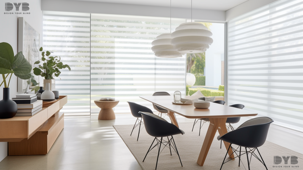 A close-up shot of a window with Roller Shades in a Casual Dining Room in Lighthouse Point, FL.