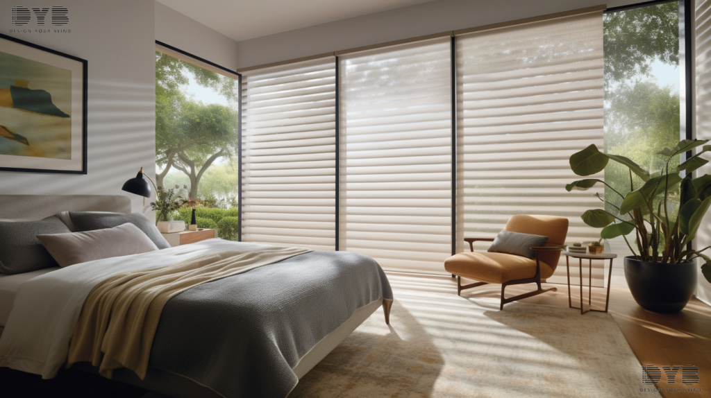 A close-up shot of a window with Roller Shades in a Lighthouse Point, FL Guest Bedroom.