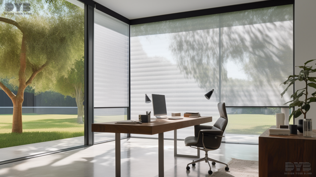 A home office in Parkland, Florida with motorized screen roller shades, a glass desk, and a comfortable chair.