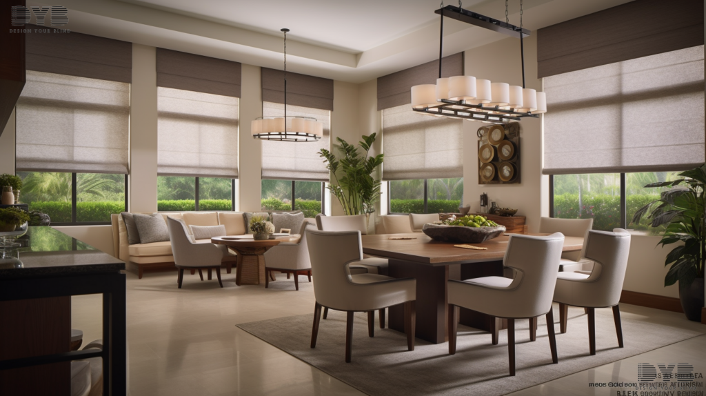 A transitional dining room with motorized screen roller shades, a large dining table and chairs, and a modern buffet.