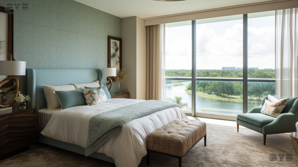 A guest bedroom with motorized screen roller shades, a plush bed, a cozy armchair, and a nightstand with a reading lamp.