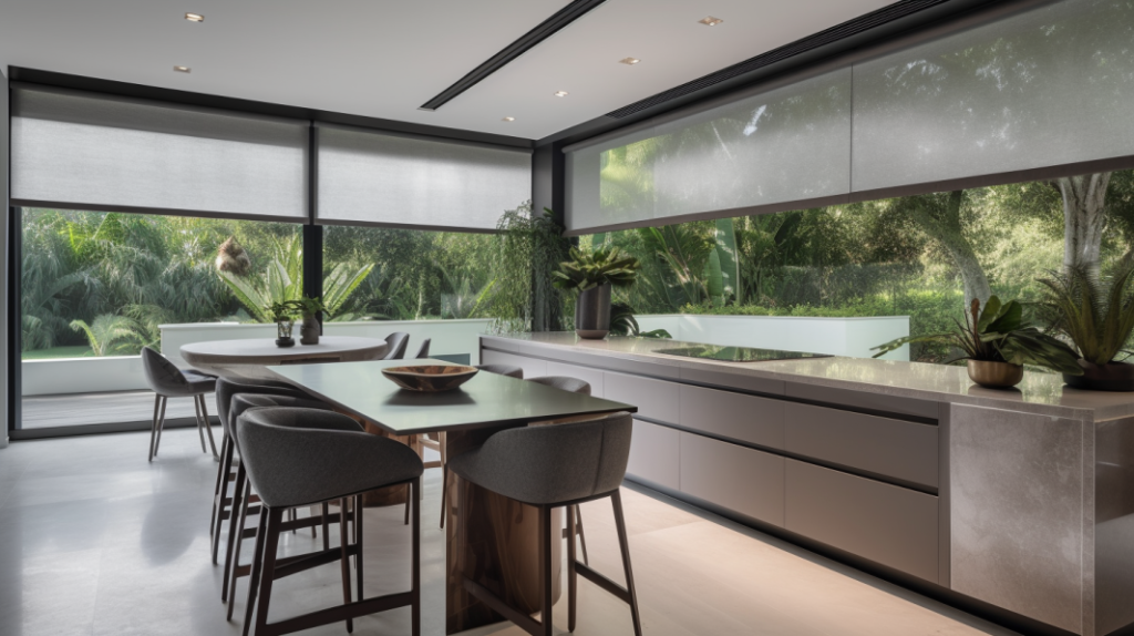 A minimalist kitchen with motorized screen roller shades, a stainless steel refrigerator, and a breakfast bar.