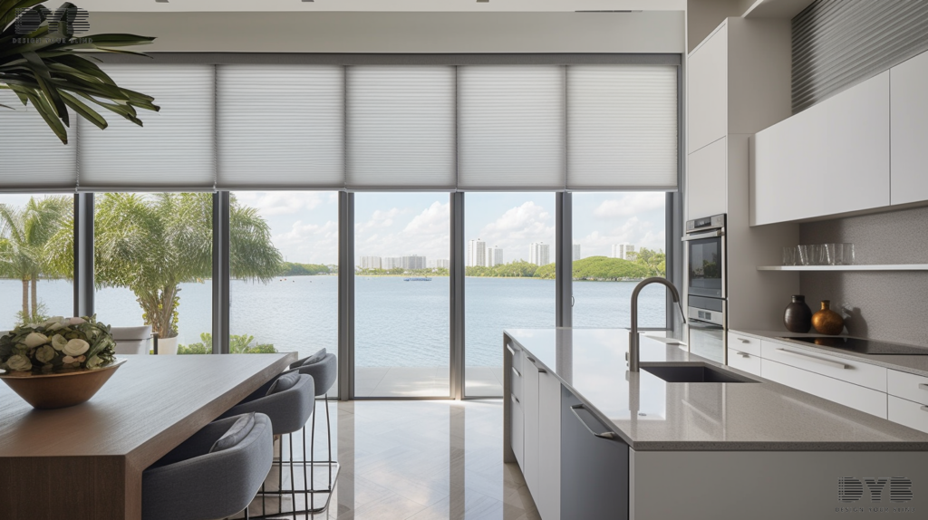 A view of a contemporary style kitchen in Parkland, FL, with Roller Shades overlooking the Intercoastal Waterway.