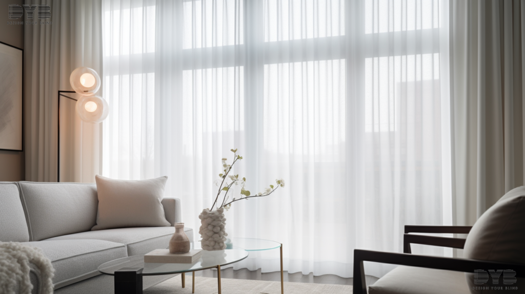 A close-up shot of a window with sheer curtains, showcasing a modern family room in Boca Raton with a view of a backyard and pool