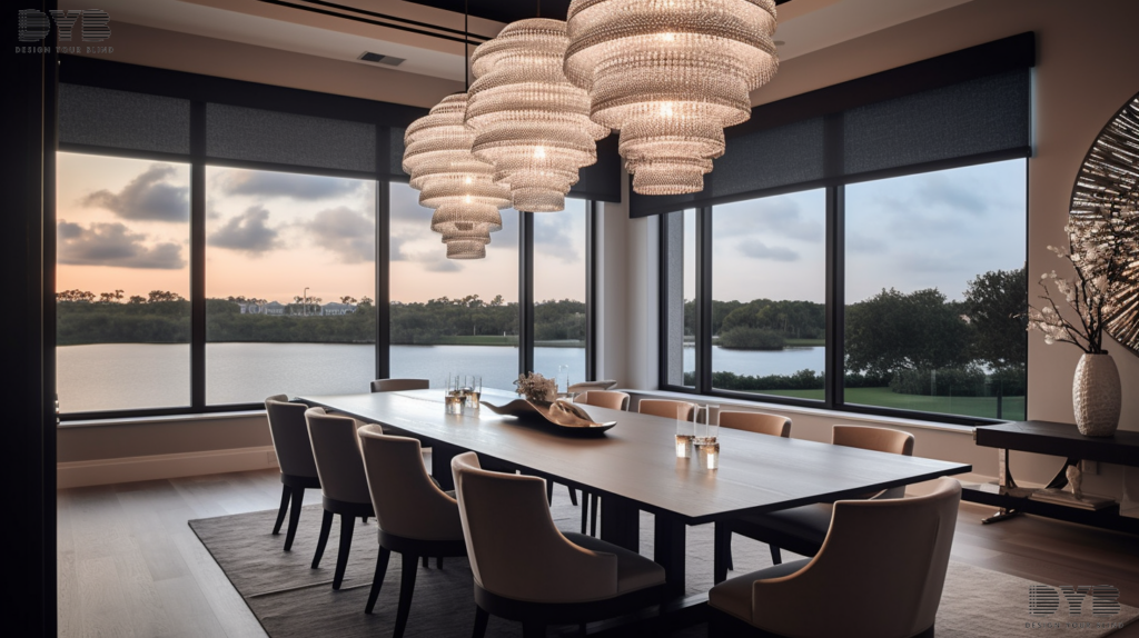 A dining room in Boca Raton, Florida, featuring Silhouette Shades on the window, creating a serene and inviting atmosphere.