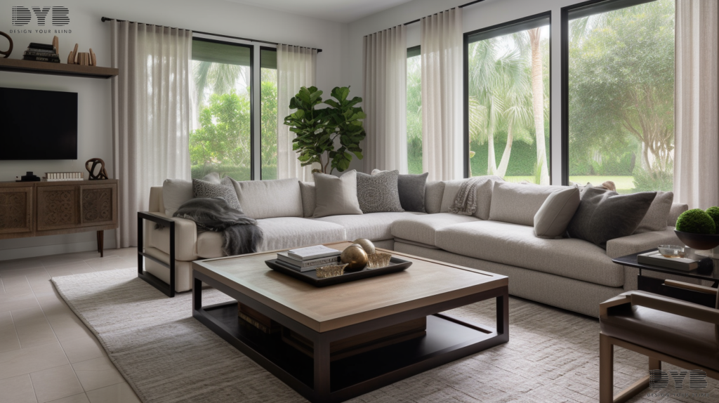 A family room in Boca Raton, Florida, with Silhouette Shades on the window, creating a cozy and inviting atmosphere.