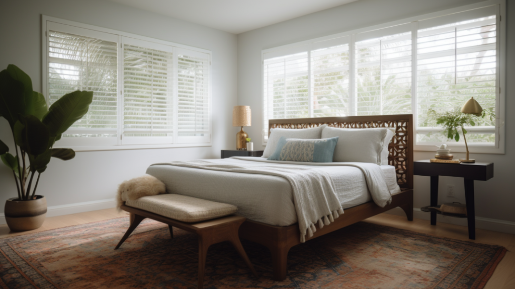 A guest bedroom in Boca Raton, Florida, with Silhouette Shades on the window, adding a touch of elegance and privacy.