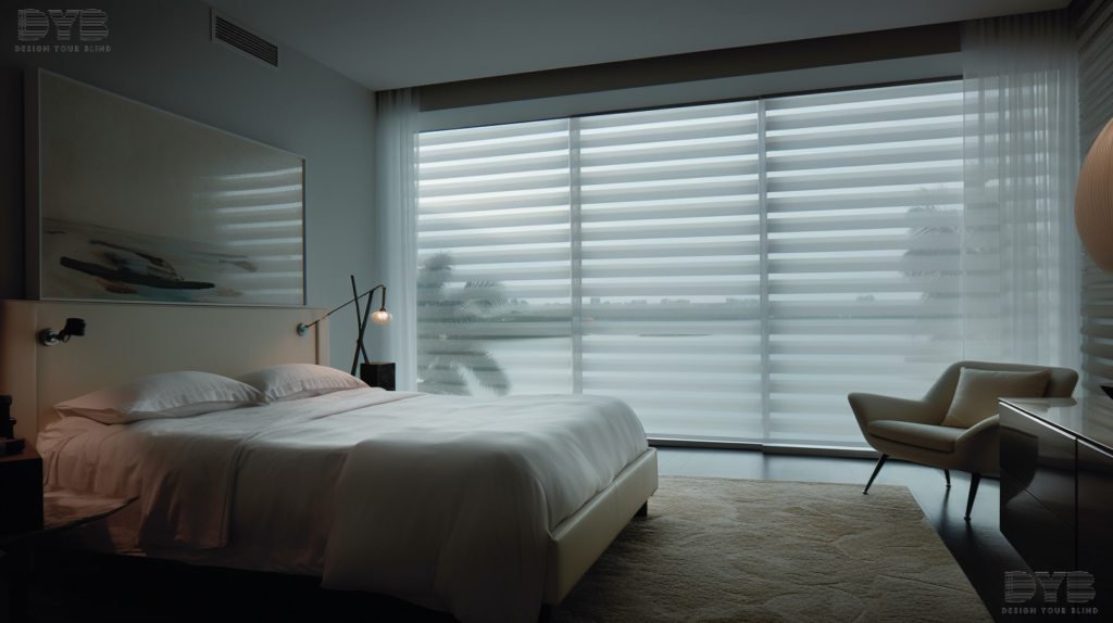 Silhouette Shades in an Urban Modern Guest Bedroom in Boca Raton, overlooking the Intercoastal Waterway.