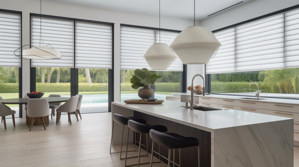 A farmhouse modern kitchen in Boca Raton, Florida, with Silhouette Shades on the window, creating a warm and inviting atmosphere.