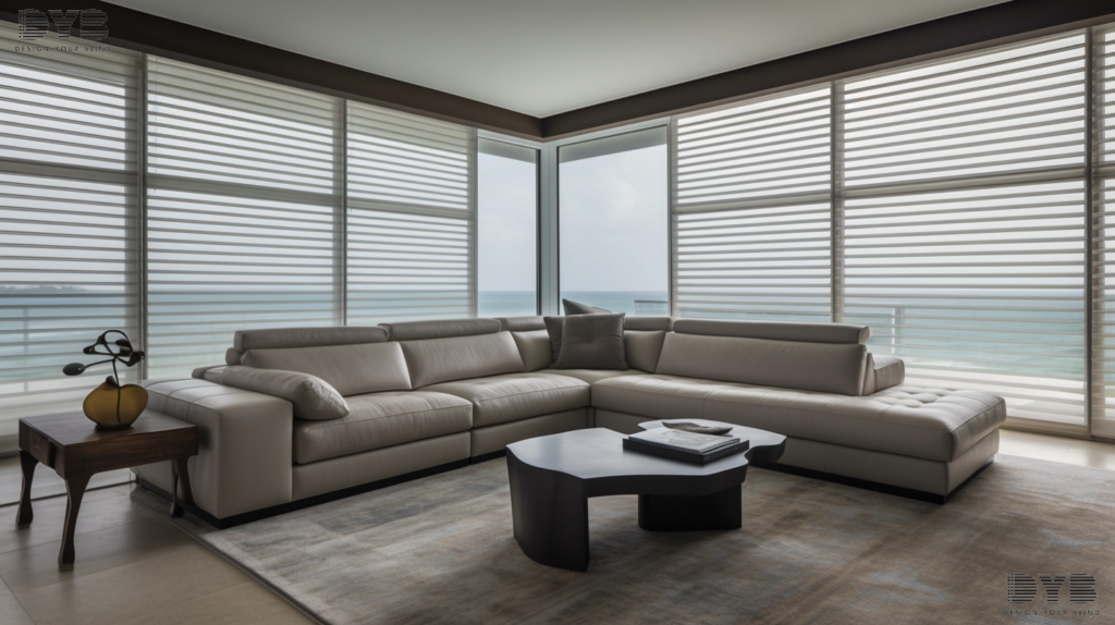 Silhouette Shades in a Contemporary Family Room in Boca Raton, with a view of the ocean. The furniture is from Baker Furniture.
