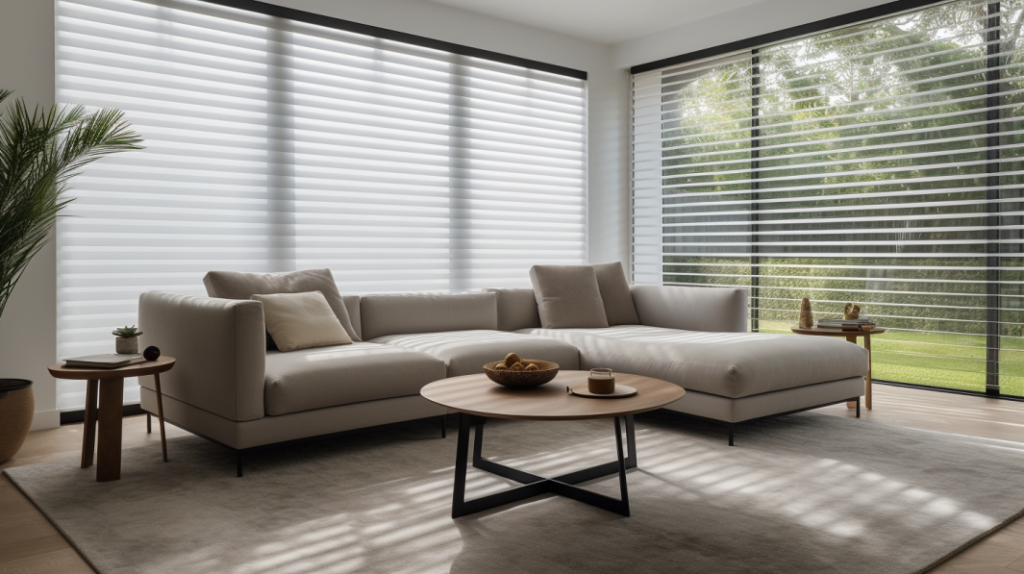 A minimalist living room in Boca Raton, Florida, with Silhouette Shades on the window, creating a calming and peaceful atmosphere.