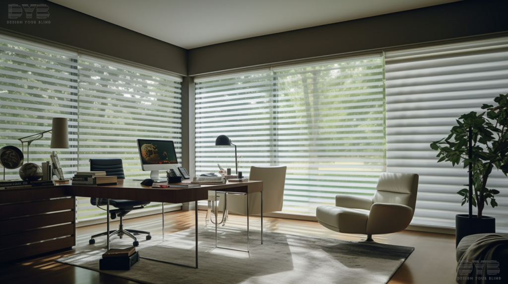 Silhouette Shades in a Transitional Home Office in Boca Raton, with a view of a garden.