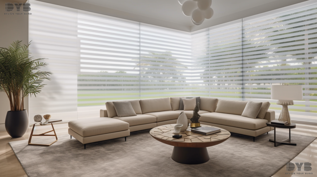 Silhouette Shades in a Contemporary Living Room in Boca Raton, with a view of a backyard with a pool. The furniture is from Arhaus.