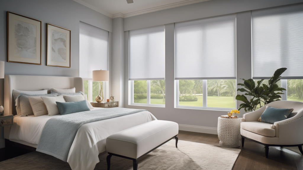 A transitional guest bedroom with Screen Roller Shades, showcasing a serene view of the canals in Boynton Beach, Florida.