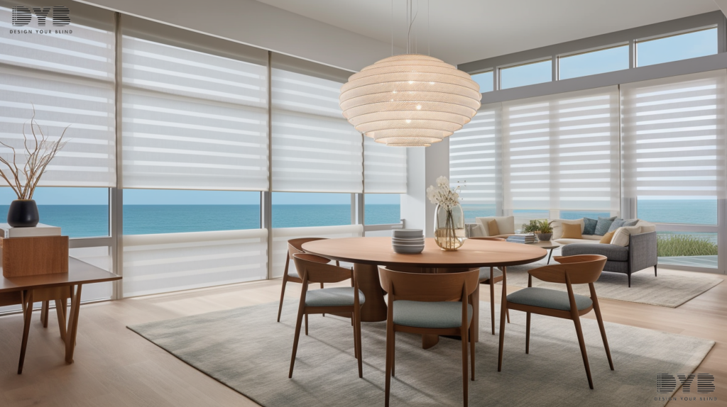 A casual dining room with a view of the ocean featuring Pirouette Shades in Boca Raton, Florida