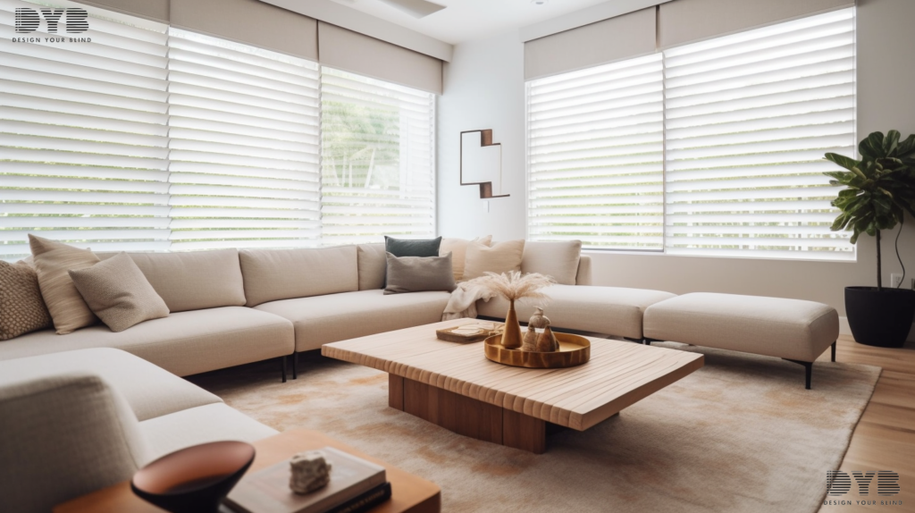 A family room in Boca Raton featuring Pirouette Shades, canals, and a Crate & Barrel sectional sofa