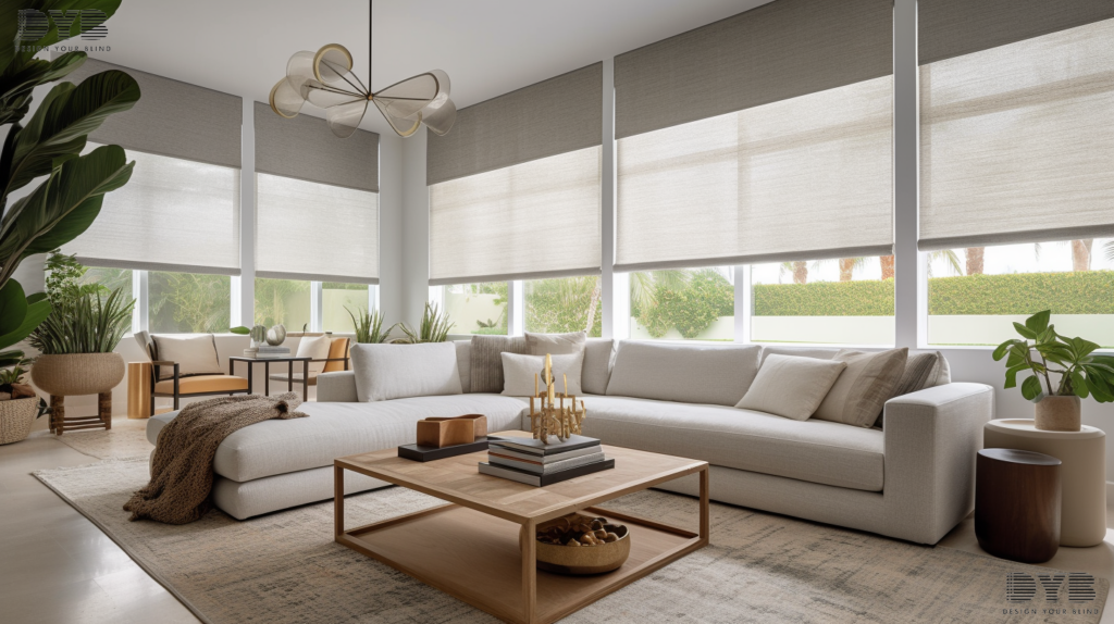 A bright and airy family room in Boca Raton, FL, showcasing the versatility of Solar Shades in a coastal-inspired setting. The shades are partially closed, filtering out harmful UV rays while allowing a gentle diffusion of natural light, creating a comfortable and inviting ambiance. The room features a plush sectional sofa and a rustic coffee table from Arhaus, all bathed in soft, filtered sunlight. The shades add a touch of modern elegance to the coastal-inspired decor, creating a stylish and inviting space. The room is adorned with coastal artwork and accessories, adding a touch of beachy charm.