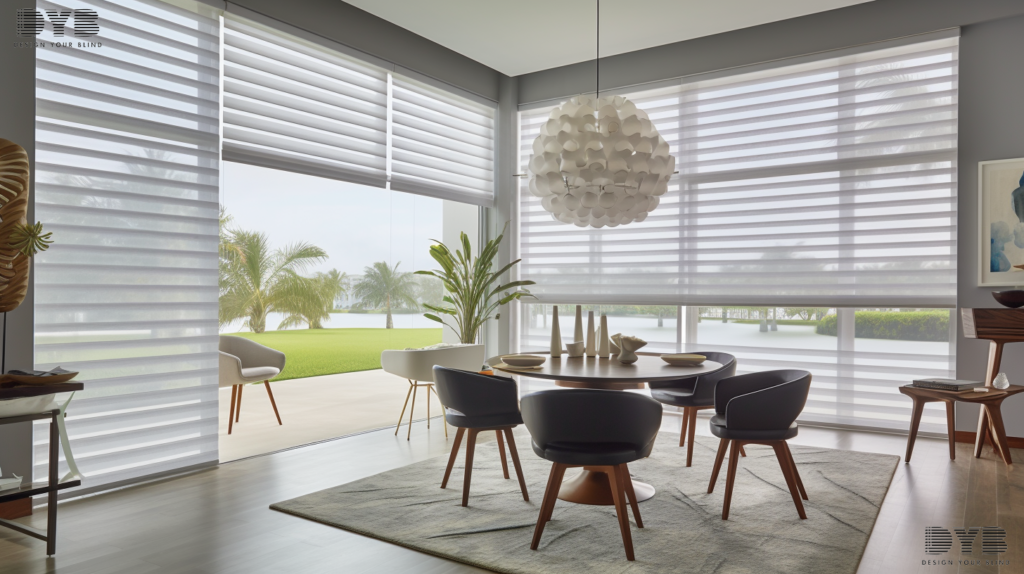 Hunter Douglas Pirouette Shades in Boynton Beach, FL, adding a touch of elegance to a dining room