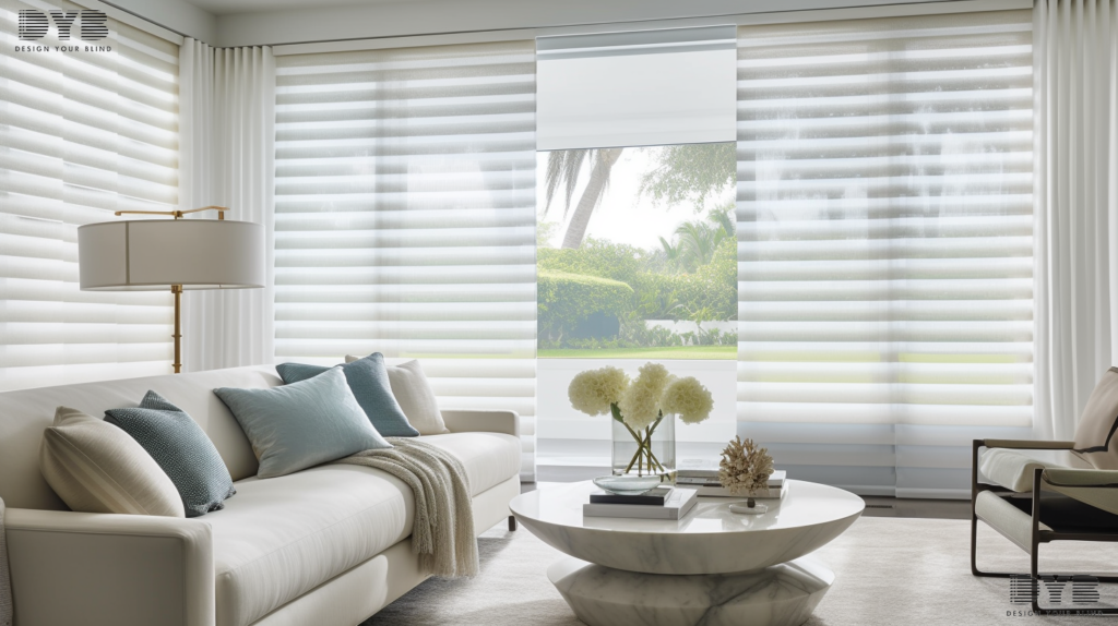 Hunter Douglas Pirouette Shades in Boynton Beach, FL, adding a touch of elegance to a coastal living room
