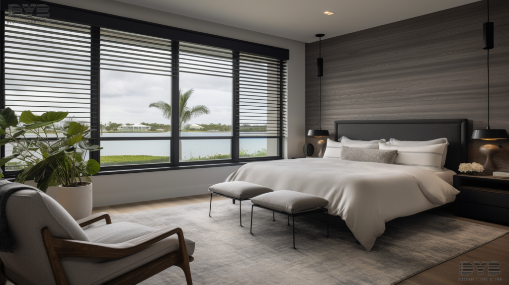A serene guest bedroom in Parkland, FL, showcasing the transformative power of Solar Shades. The shades are fully closed, creating a dark and peaceful atmosphere, perfect for a restful night's sleep. The room is decorated in a modern style, with furniture from Crate & Barrel, adding a touch of contemporary elegance. The bed is adorned with plush bedding and a few decorative pillows, adding a touch of comfort and sophistication. The room is accented with a few minimalist pieces of artwork, adding a touch of sophistication. The shades provide a sense of tranquility and privacy, enhancing the overall ambiance of the room.