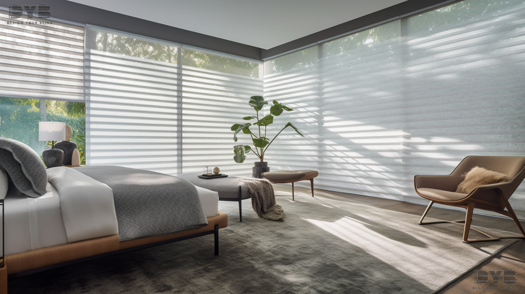 A luxurious master bedroom with Silhouette Shades in Parkland, FL