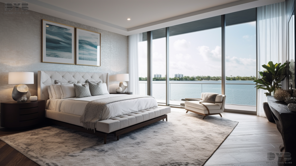 A modern bedroom with Pirouette Shades and an Intercoastal Waterway view in Boca Raton, Florida