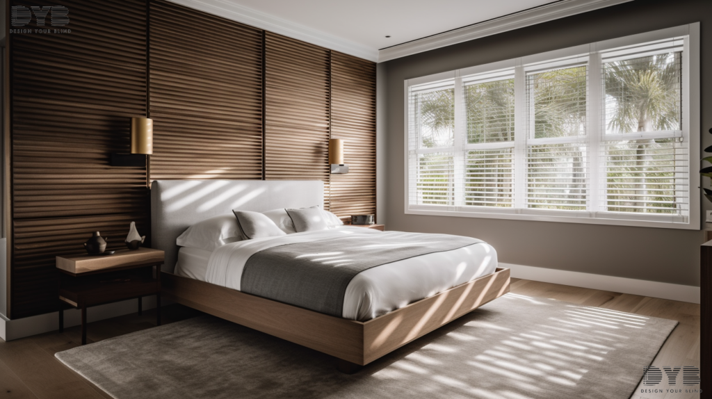 Minimalist bedroom in Lighthouse Point, FL, with Roller Shades, featuring a Crate & Barrel upholstered headboard, wooden nightstand, and a sleek glass sculpture.