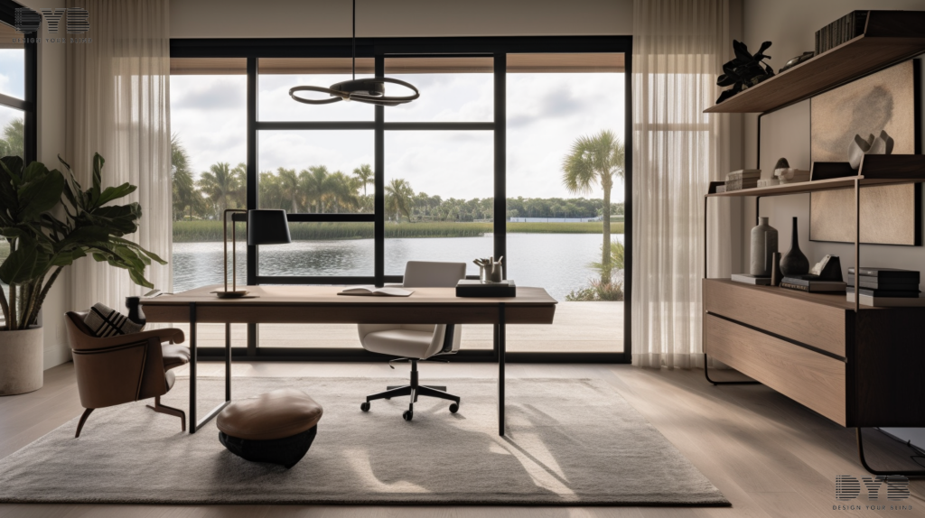 Urban modern home office in Lighthouse Point, FL, with Roller Shades, featuring an Arhaus desk, ergonomic chair and Intercoastal Waterway view.
