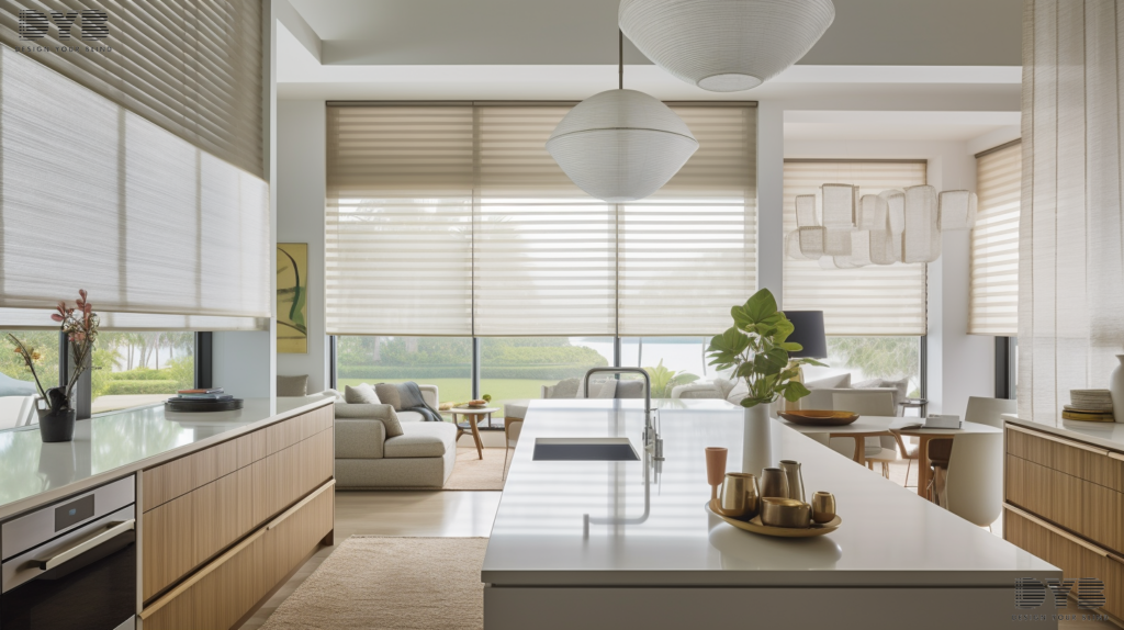 Transitional kitchen in Lighthouse Point, FL, with Roller Shades, showcasing a Baker Furniture island, glass countertop and Intercoastal Waterway view.