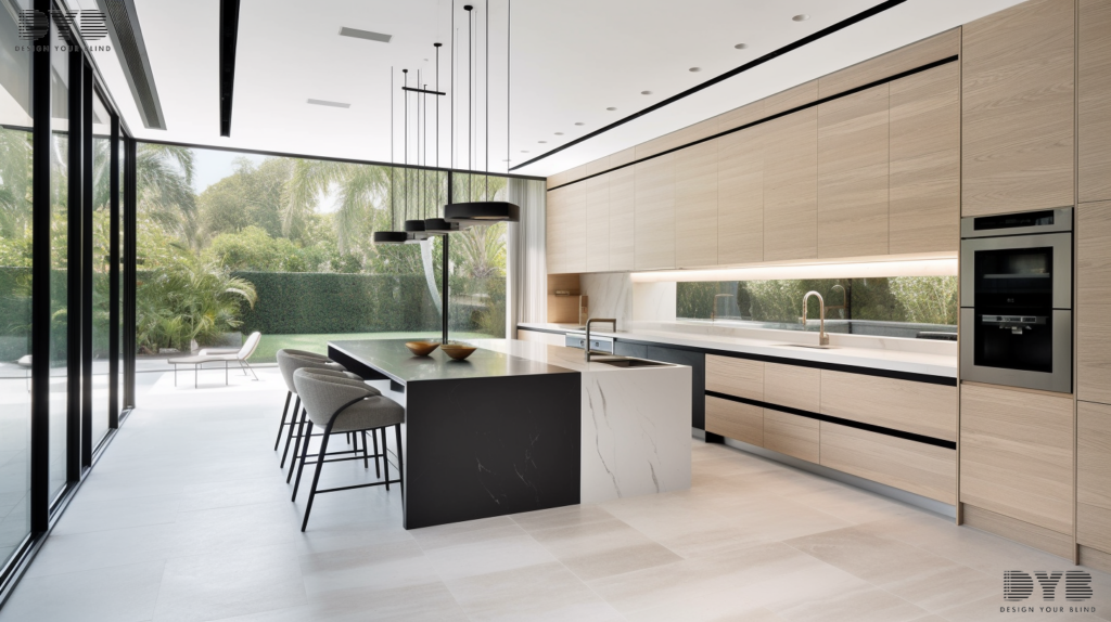 A modern kitchen in Lighthouse Point, FL, featuring Solar Shades on the large window overlooking a backyard with a pool. The shades offer a chic and practical solution to the intense Florida sun, diffusing natural light while protecting the interior from harmful UV rays. The Restoration Hardware (RH) furniture and polished granite countertops create a sophisticated ambiance, seamlessly blending with the contemporary aesthetic of the Solar Shades.