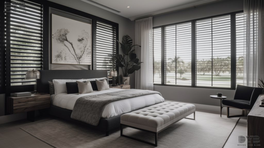 Contemporary master bedroom in Lighthouse Point, FL, with Roller Shades, featuring a Restoration Hardware platform bed and golf course view.
