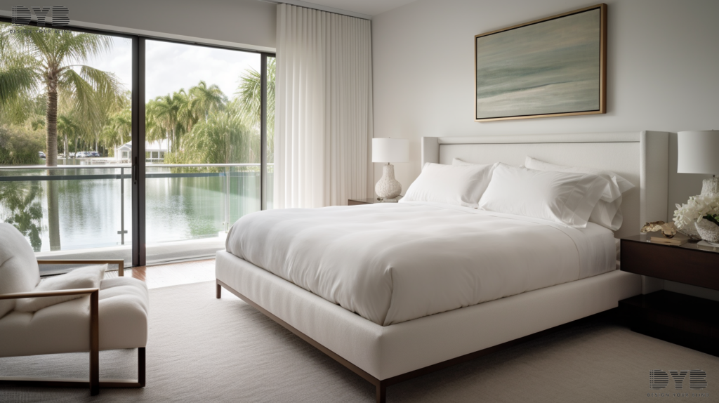Minimalist guest bedroom in Lighthouse Point, FL, with Roller Shades, featuring an Ethan Allen platform bed and canal view.