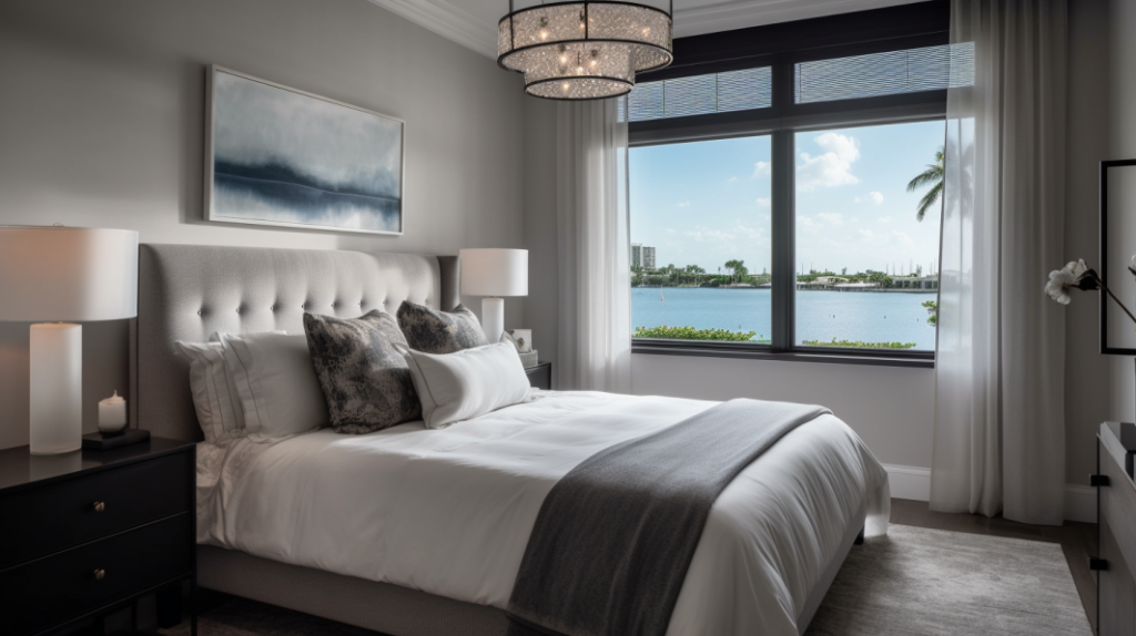 Modern guest bedroom in Lighthouse Point, FL, with Roller Shades, featuring a Restoration Hardware tufted headboard and a vintage chest.