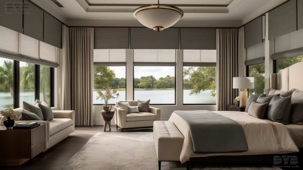 A luxurious master bedroom in Parkland, FL, showcasing the elegant and functional benefits of Solar Shades. The shades are partially closed, filtering out harmful UV rays while allowing a gentle diffusion of natural light, creating a comfortable and inviting ambiance. The room is designed in a transitional style, with furniture from Mitchell Gold + Bob Williams, including a king-sized bed with plush bedding and an upholstered bench. The shades add a touch of sophistication and elegance to the space, complementing the room's overall aesthetic. The room is accented with a few pieces of modern art, adding a touch of sophistication and creating a truly unique ambiance.