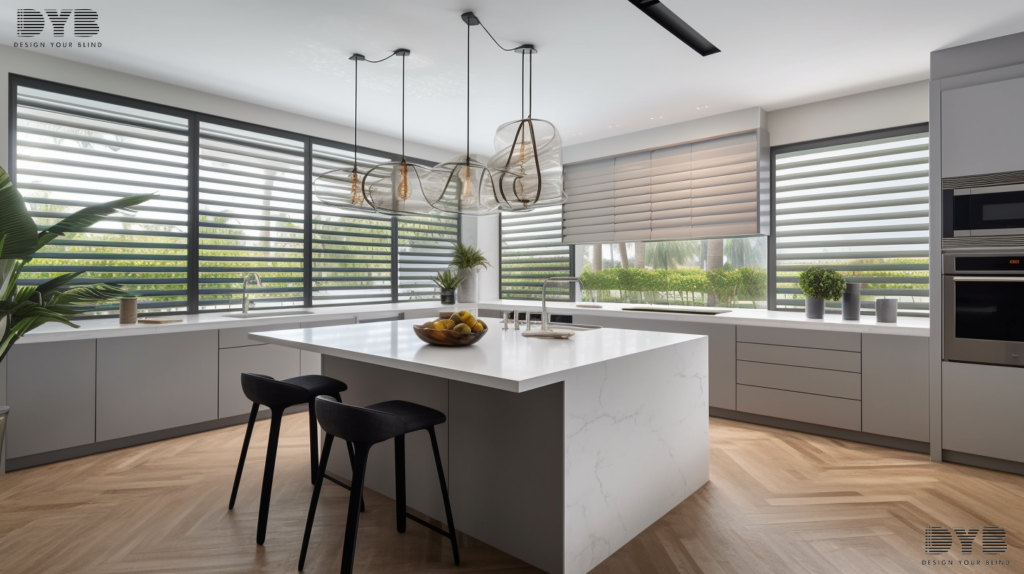 A transitional style kitchen in Boca Raton featuring a garden view with Pirouette Shades