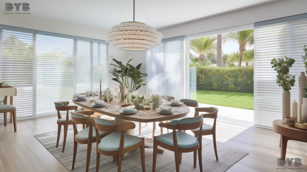 A coastal-style dining room in Boca Raton featuring a backyard view and Pirouette Shades