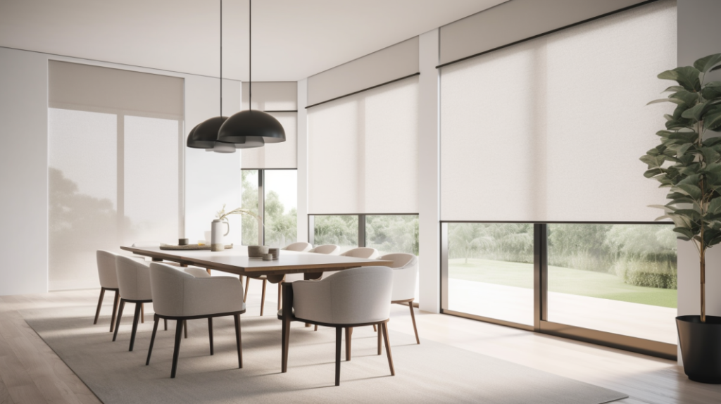 A minimalist dining room in Delray Beach, FL, showcasing the understated elegance of Solar Shades on large windows overlooking a golf course. The shades are fully closed, diffusing natural light and creating a serene and calming atmosphere. The furniture from Baker Furniture perfectly complements the minimalist design, featuring clean lines and simple forms. The shades are a soft, neutral color, adding a touch of sophistication and seamlessly blending with the room's peaceful ambiance.