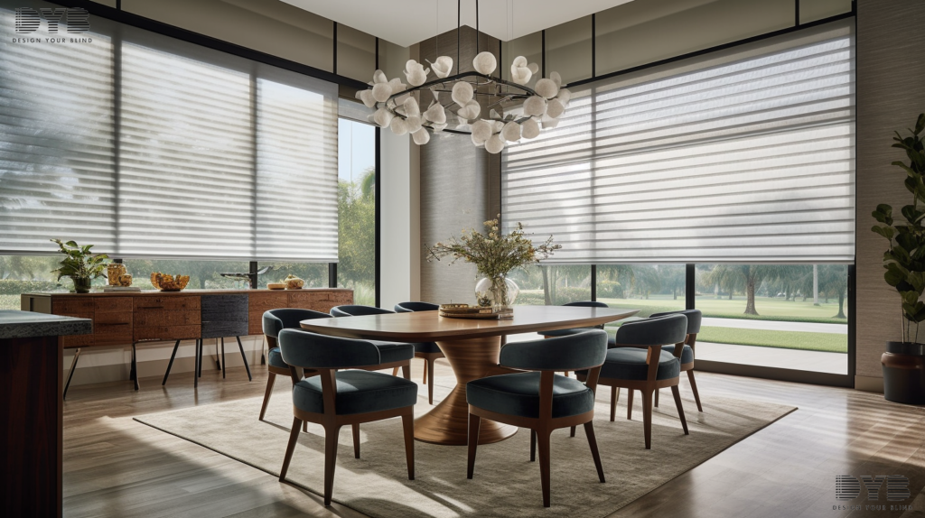 A dining room with Silhouette Shades in Parkland, FL