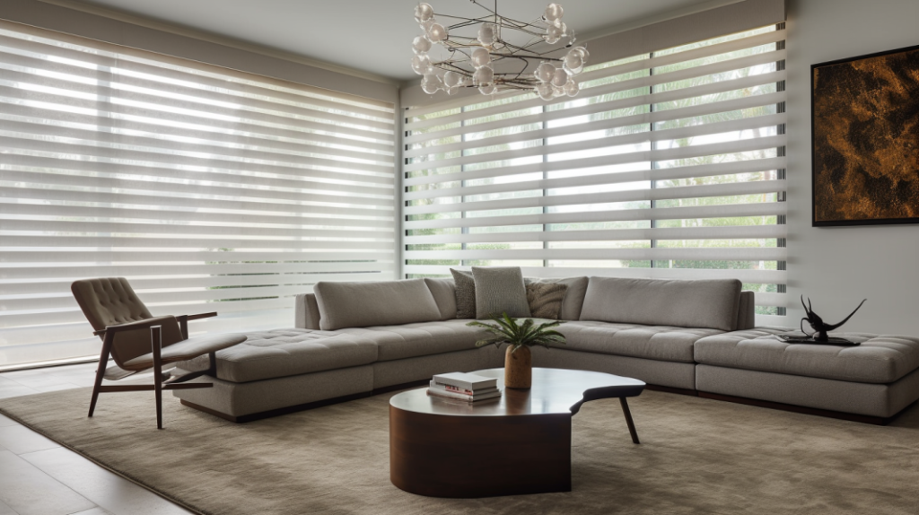 Hunter Douglas Pirouette Shades in Boynton Beach, FL, adding a touch of sophistication to a transitional family room