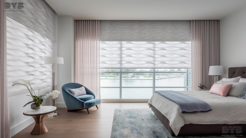 A minimalist bedroom in Boca Raton, Florida, with Roman Shades fully closed, showcasing a view of the Intercoastal Waterway.