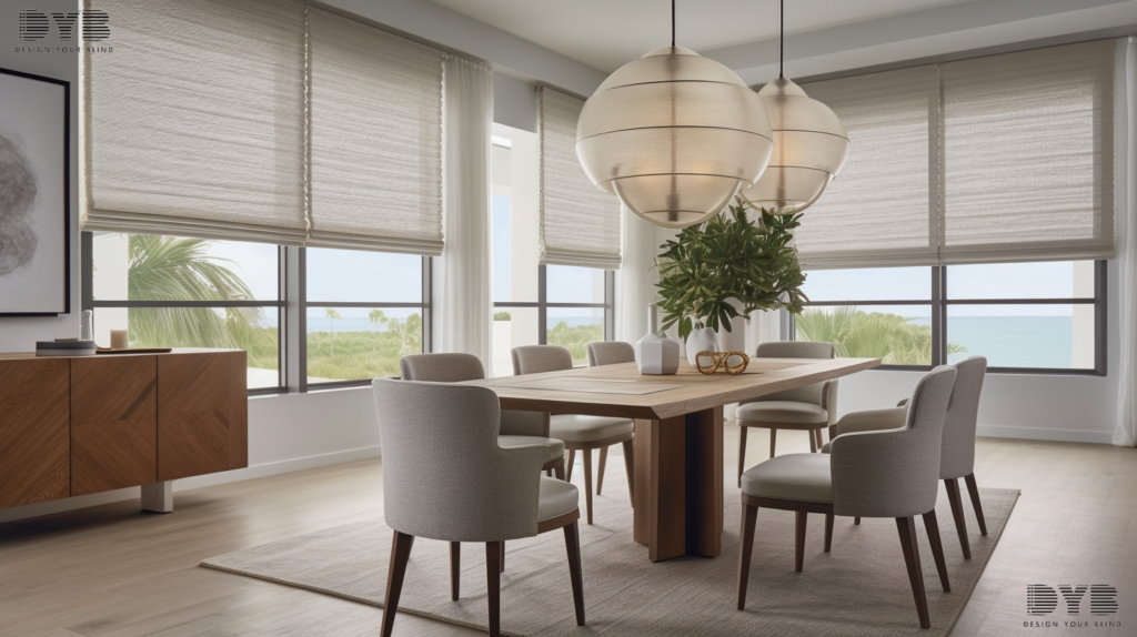 A casual dining room in Boca Raton, Florida, with Roller Shades fully closed, overlooking the Intercoastal Waterway.